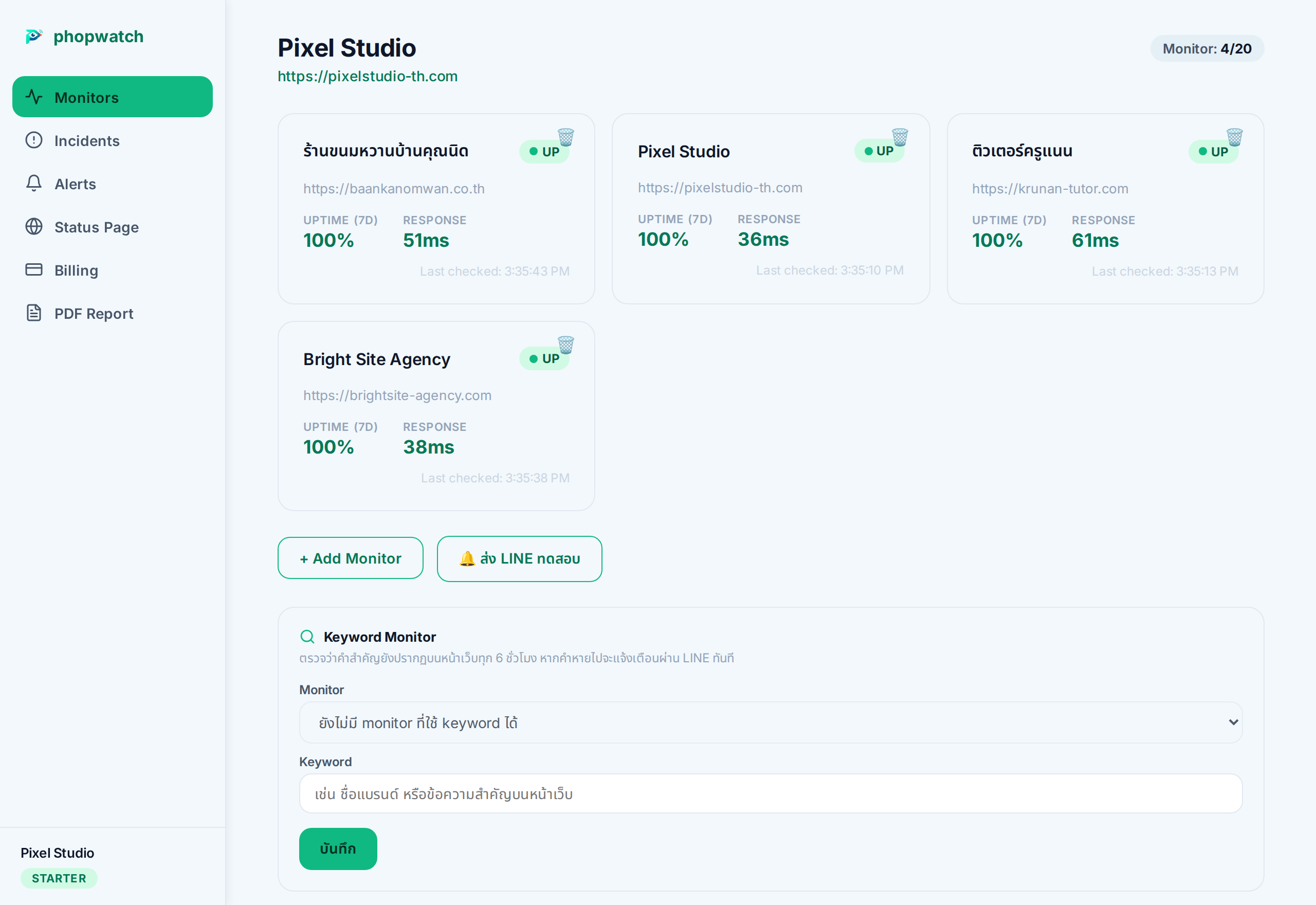 PhopWatch dashboard — สถานะ uptime และ response time ของทุกเว็บในหน้าเดียว